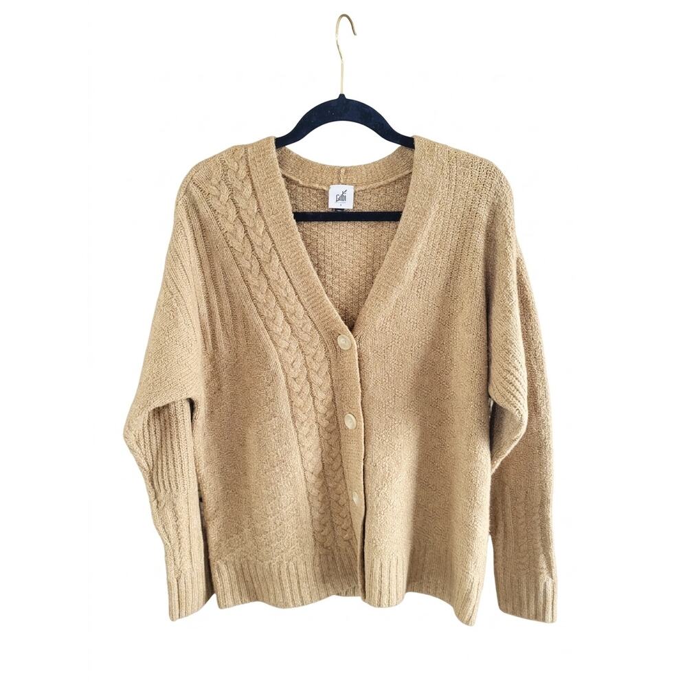 SALE CAbi Cable Knit V-Neck ButtonFront Cardigan Sweater Tan Camel Neutral Small